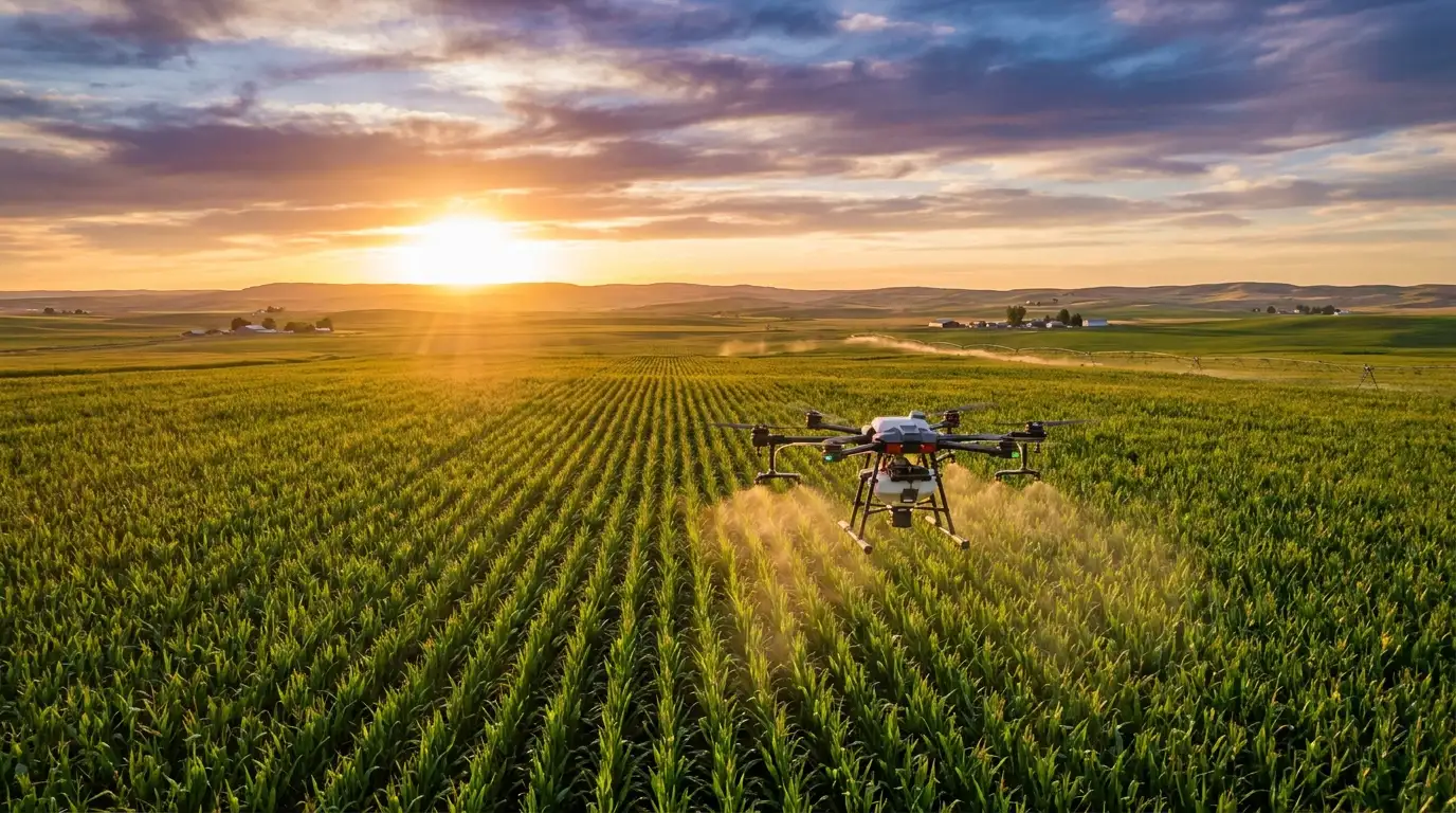 Dron agrícola sobre un campo de maíz