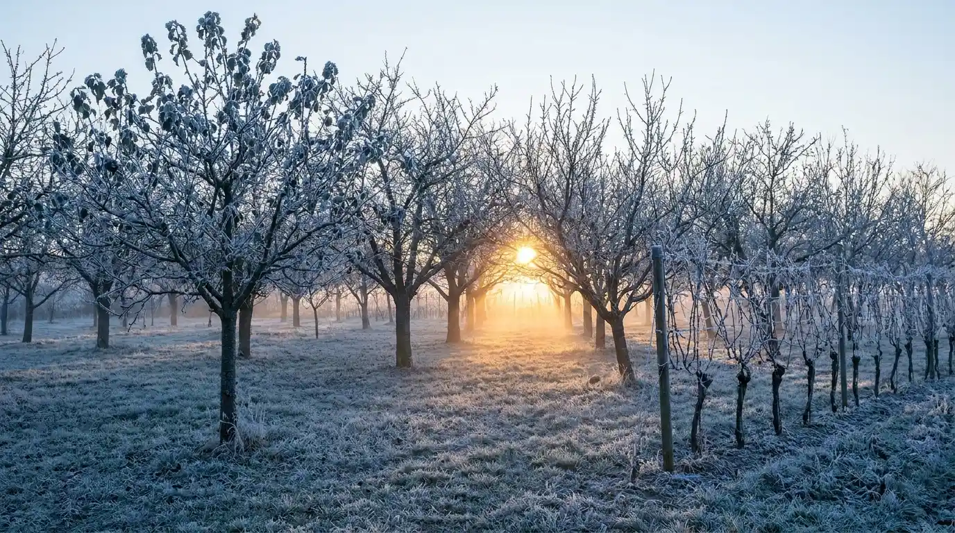 Huerto con escarcha al amanecer