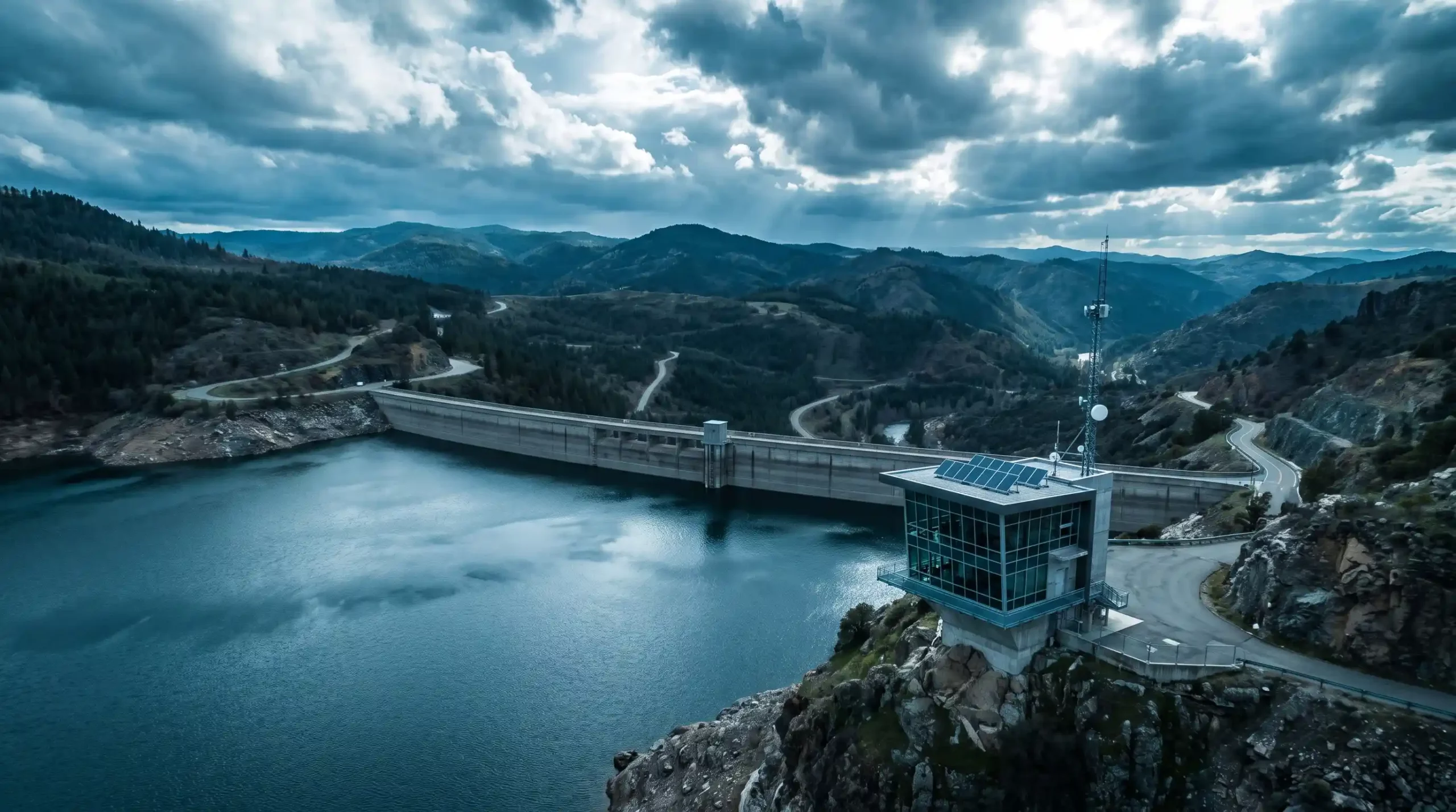 Embalse con estación de monitoreo hidrológico