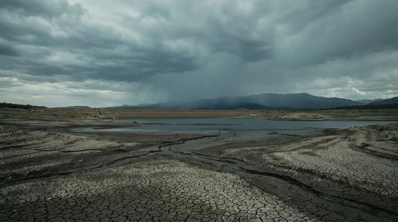 Paisaje de sequía con lluvia a la distancia