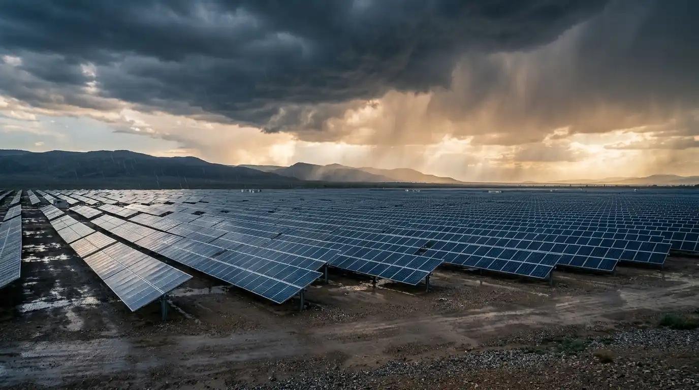 Planta solar bajo cielo de tormenta