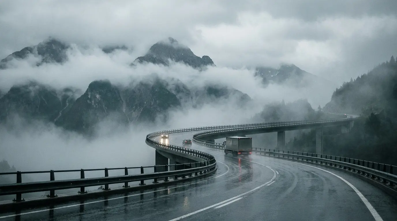 Carretera de montaña con niebla y lluvia