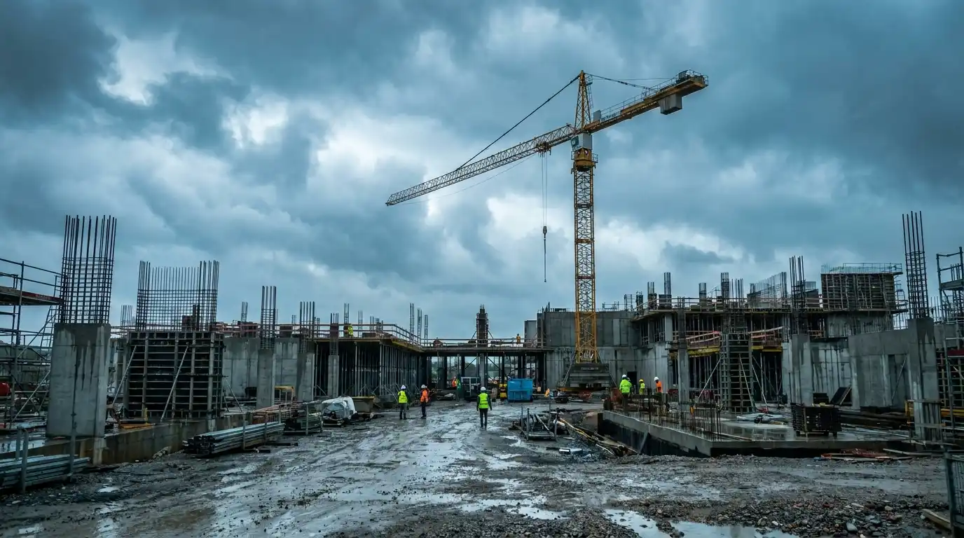 Obra de construcción con grúa torre bajo cielo de tormenta