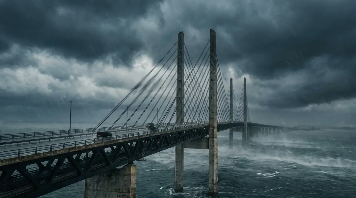 Viaducto sobre un valle bajo clima dramático