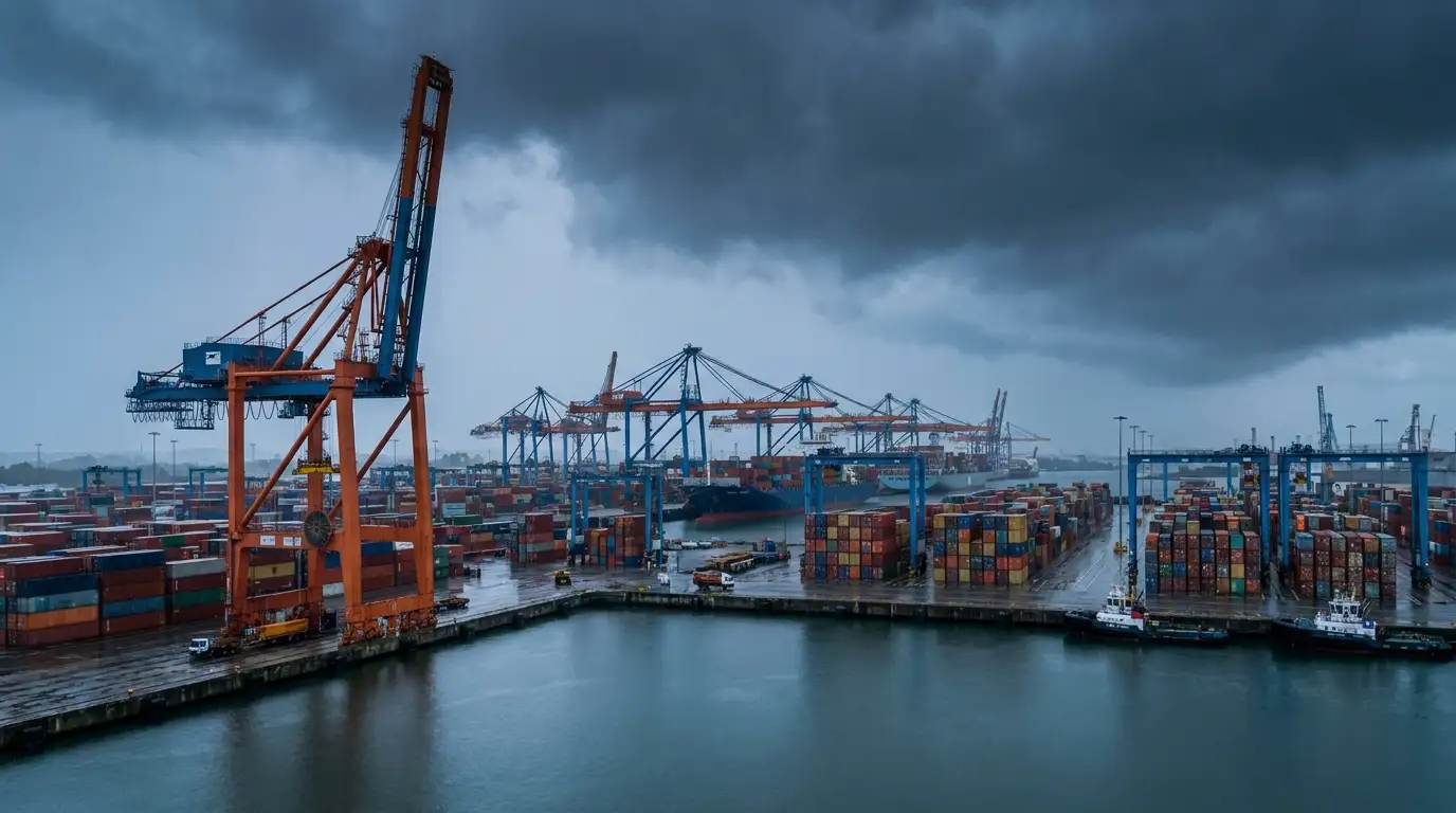 Puerto marítimo con grúas bajo cielo de tormenta